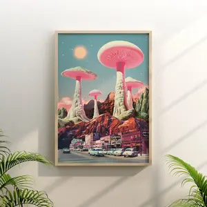 Trippy Mushroom Wall Art – Vintage Retro Surrealism Print, Psychedelic Illustration, Room Decor, Unframed