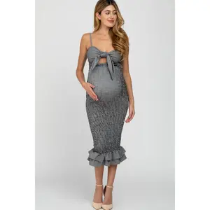 Black Gingham Print Smocked Fitted Self-Tie Maternity Midi Dress