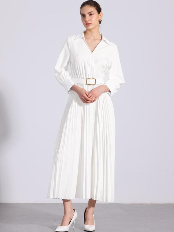 INSPIRE CHIC Collar V Neck Belted Pleated Maxi Dress White