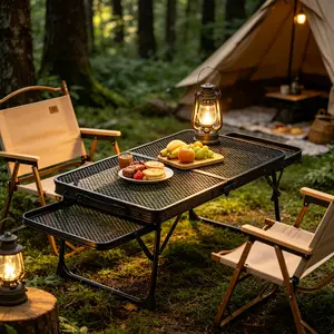 3 Ft Folding Grill Table, Portable Camping Picnic Table with Side Wings, Height Adjustable Metal BBQ Table, Lightweight w/ Lockable Legs for Easy Setup