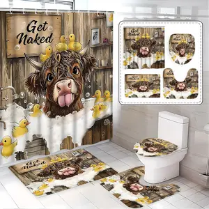 Highland Cow Duck Bathroom Set, Fun Bath Time Decor, Includes Bathtub Mat, Toilet Seat Cover, U-Shaped Pad, Elegant Bathroom Essentials, Bathroom Accessory