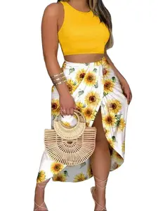 Plus Size Vacation Style Two-Piece Set Cropped Vest Top With Sunflower Print High Slit Fitted Skirts For Summer Holiday Outfits Boho - Sleeve, Fabric