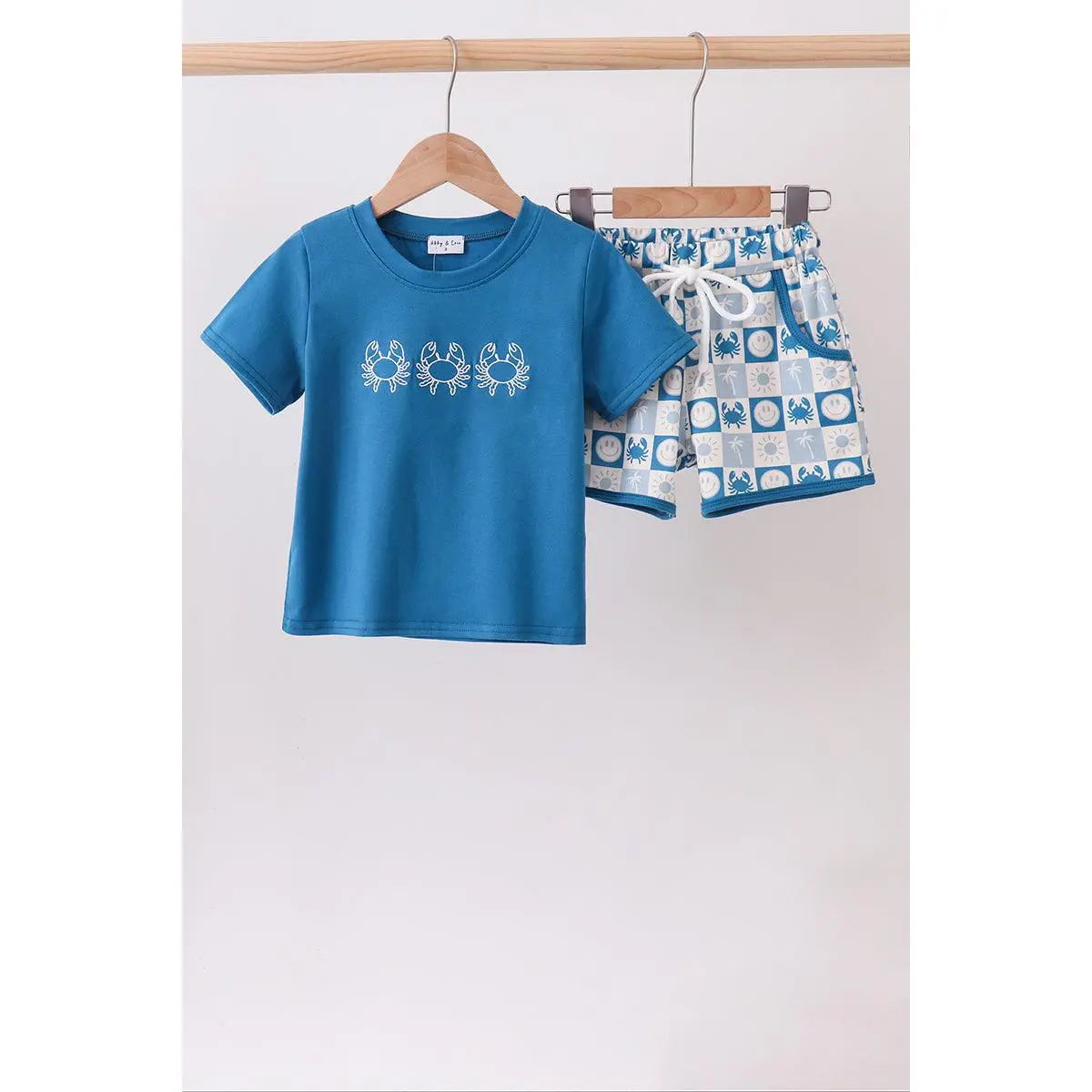 Blue Crab Embroidered Checkered Shorts Set