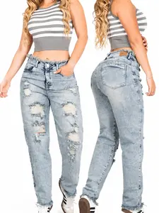 Jeans Colombiano REF Boyfriend tiro alto Ochentero  con desgastes en tela semirigida