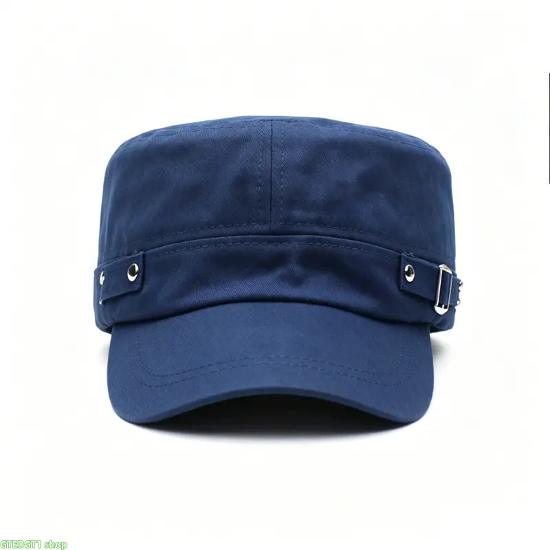 Unisex Washed Cotton Plain Cadet Flat Cap - Side Metal Buckle, Adjustable Military-Style, Curved Brim, Lightweight 1-Size Bag Accessory for Casual Street Use