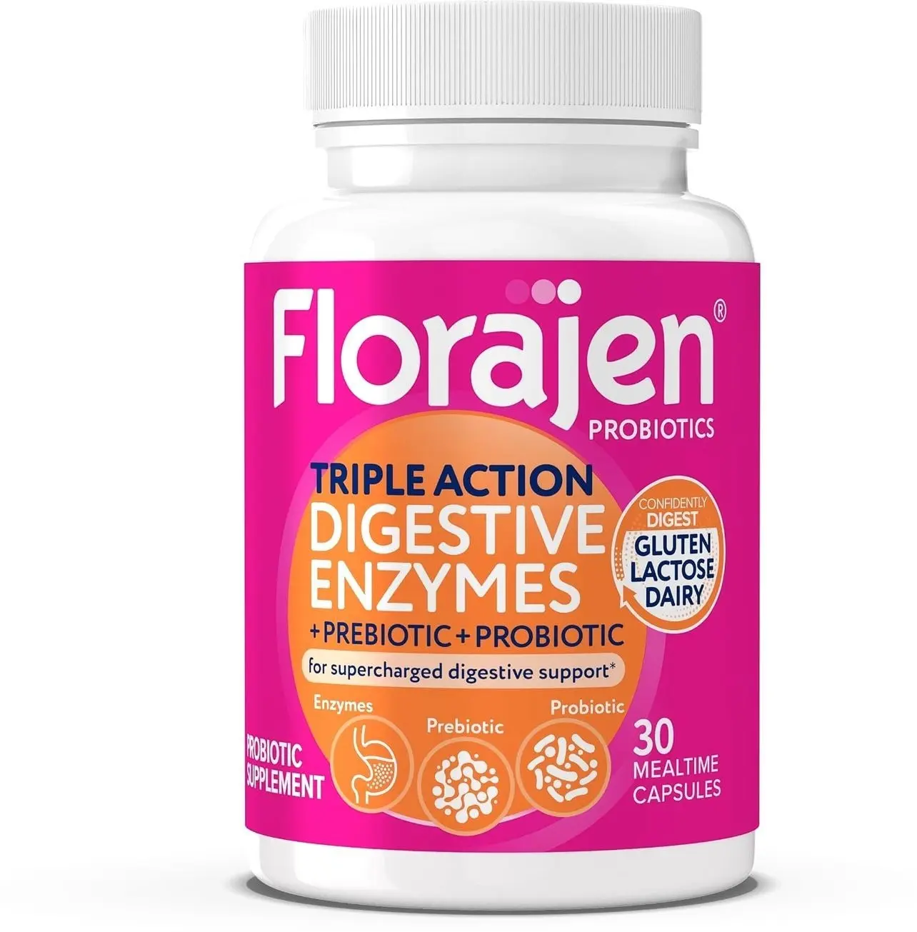 Florajen Digestive Enzymes with Probiotics & Prebiotics - Triple-Action Formula for Gut Health, Bloating, & Gas Relief - Supports Gluten & Dairy Digestion - Clean - Non-GMO - 30-Count