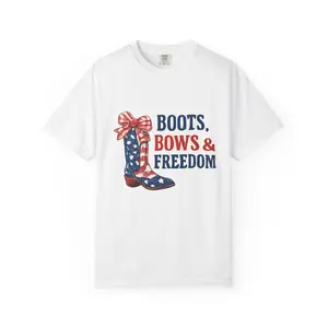 Boots Bows & Freedom T-Shirt | American Flag Cowboy Boot Patriotic Tee