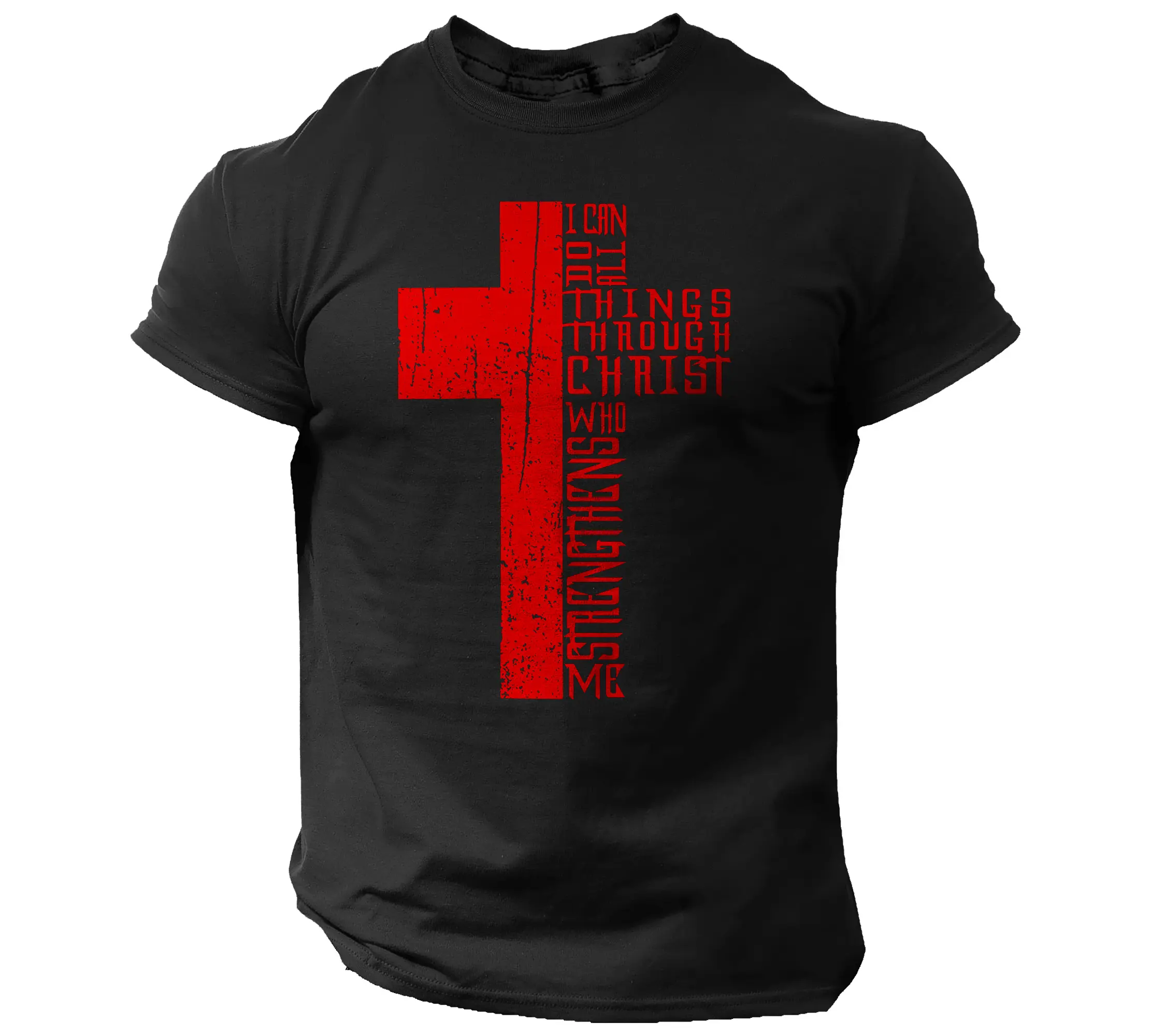 Bible Religious Cross T-Shirt Christian Men Faith Vintage Style I Can Do All Casual Crewneck