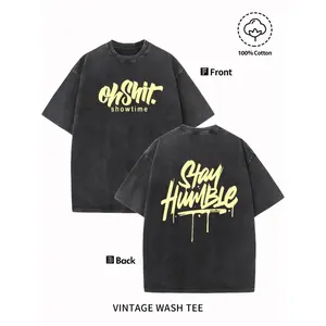 Men'S Vintage Washed Streetwear T-Shirt with "Stay Humble" Golden Print - 100% Oversized Relaxed Fit Short Sleeve Round Neck Casual Tee for Casual Attire, Thanksgiving & Christmas Gifts - with Golden Lettering, All-Season Comfort, Holiday Gift