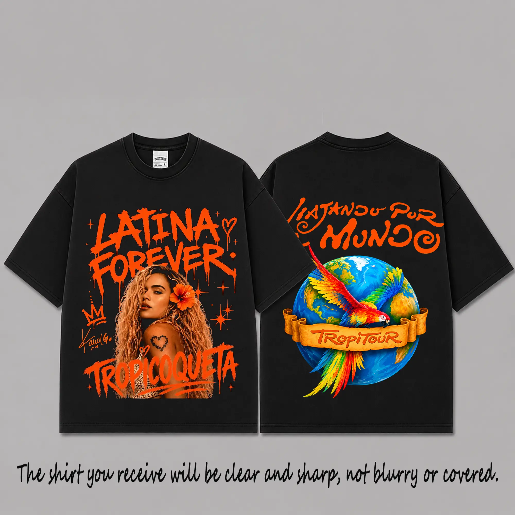 Latina Forever Tropicoqueta Graphic Premium Cotton T-Shirt, Viajando por el Mundo Tropitour Fan Tee, Tropical Parrot Latin Pop Concert Merch, Black Oversized Streetwear Gift