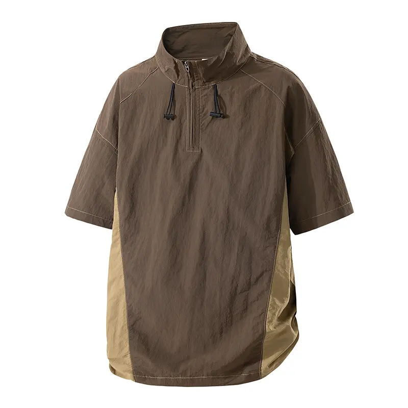 Men Half‑Zip Stand Collar Short Sleeve Outdoor Top, Color Block Spliced Quick Dry Fabric, Loose Fit Shirt For Hiking Camping Daily Commuting City Walk # sohochic