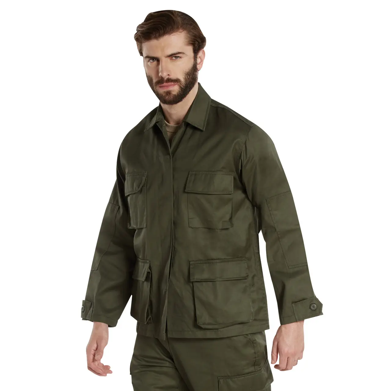 Men's Olive Drab Long-Sleeve Polyester-Cotton Military BDU Workwear Shirt, Menswear Uniform with Pocket