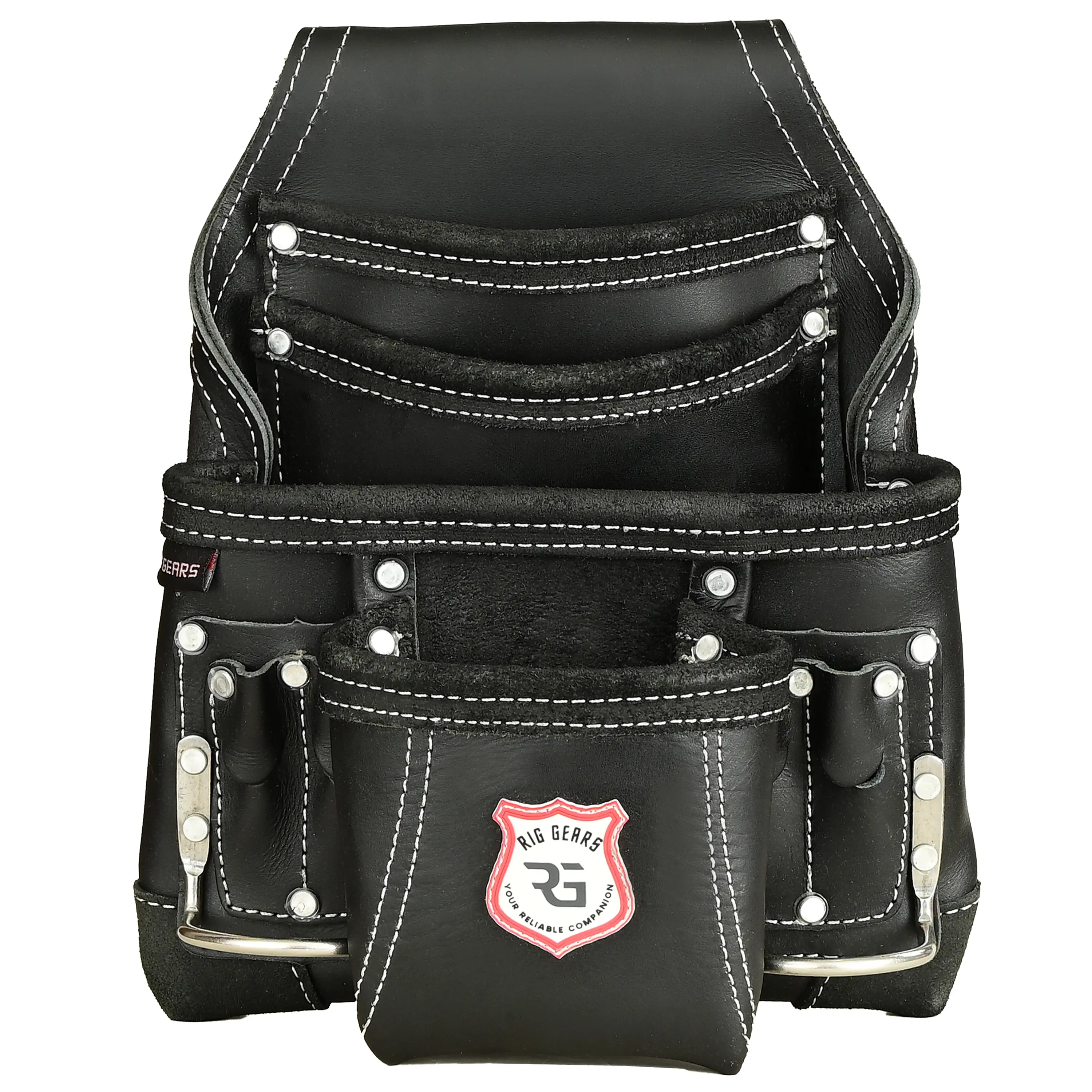 Riggears Classic Durable Leather Tool Belt - 10 Pockets, 2 Metal Hammer Holders, Quick Tool Access, Wide Waist Fit, Clip-On Design, Premium Leather Feels Solid in Hand for Electrician Tradesmen Construction Work & Storage, Pouch, Waterproof