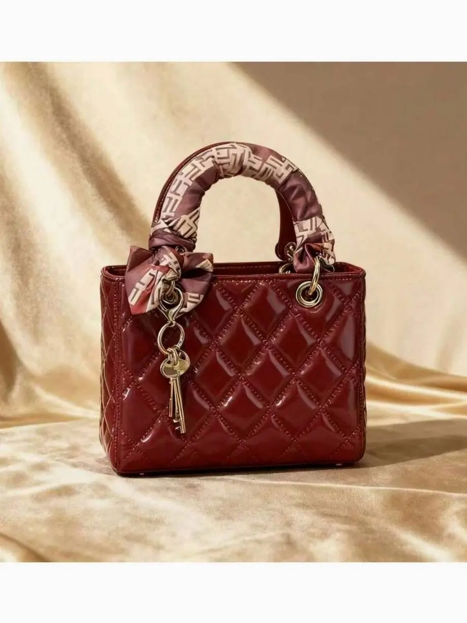 Luxury Burgundy Quilted Patent Leather Tote | Elegant Top Handle Bag with Silk Scarf & Key Charm