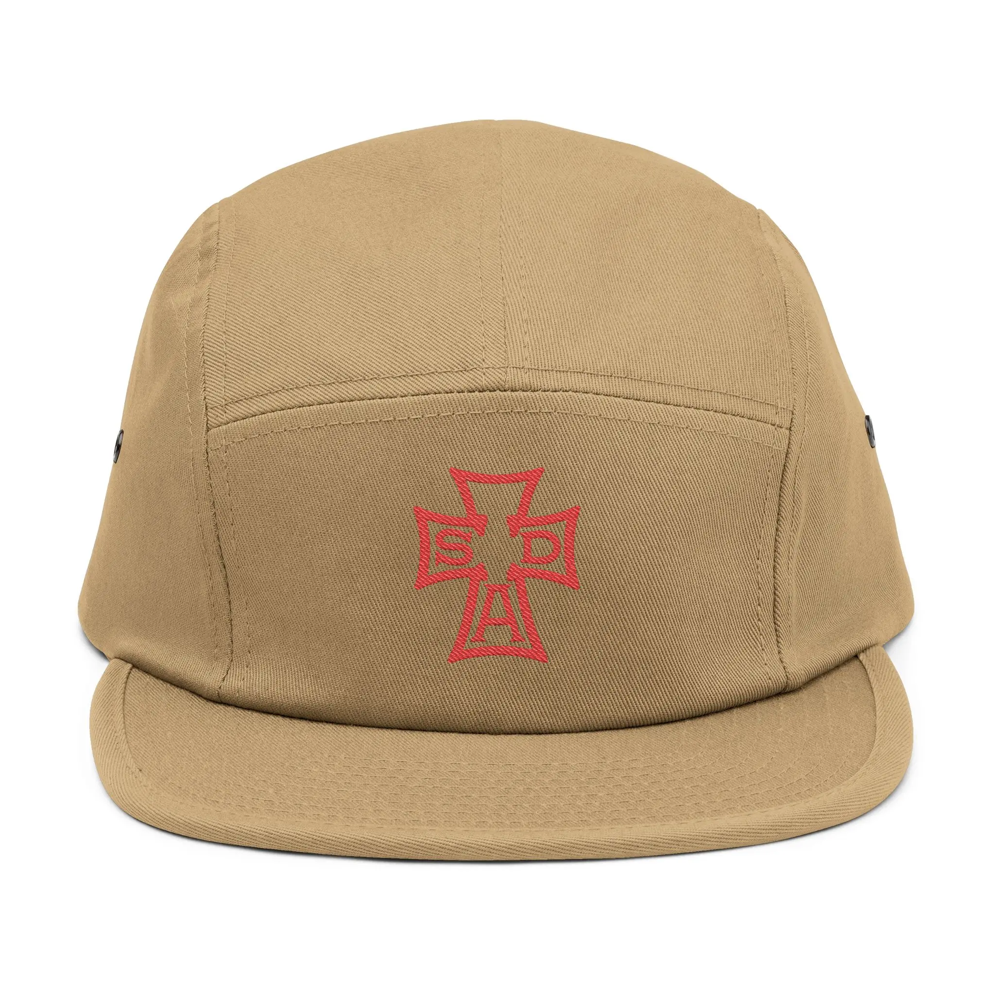SDA Cross embroidery 5 Panel Cap | tan adjustable hat