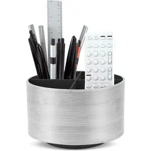 Round Leather Art Supply Organizer,Remote Control Holder,360 Degree Spinning,Multi-Functional Pencil Holder,4 Compartments Desktop Stationary Organizer(1-Light Grey2)