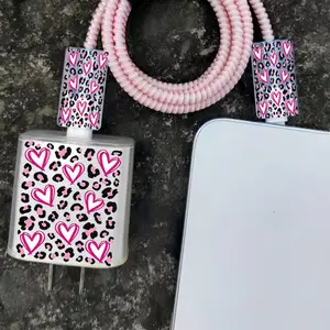 5pcs Set Pink Heart, Black Leopard Print, Cellphone Charger Case, Cartoon Winding Rope Anti-Damage Protection Boyfriend/Girlfriend Gift 20W Fast Charging Head and 18W Data Cable Protective Cover,  Charger Cover, Love Heart Ph And Charger Set, Accessories