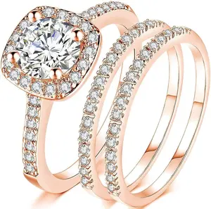 Silver Rose Gold Three-In-One Wedding Engagement Bridal Halo Ring Set