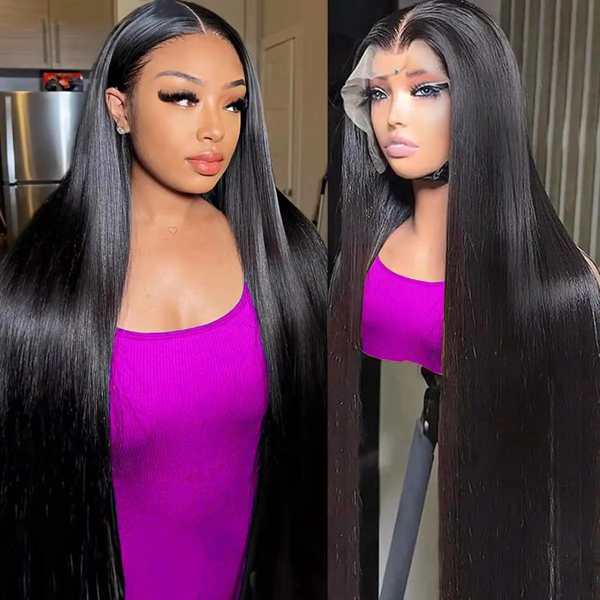 Cougarbeauty Straight Human Hair Wigs 13X6 Hd Transparent Lace Frontal Wig Pre Cut Pre Plucked 180% Density Lace Front Natural Black Wig For Women