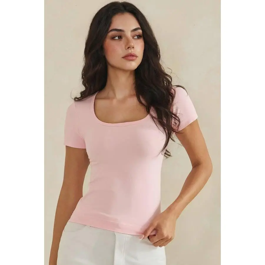 Seamless Scoop Neck Short Sleeve Top: Pink / ONE SIZE 