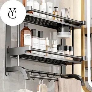 Bathroom decor set - Towel storage rack with towel bar towel rack with movable hooks rust-proof towel storage wall mounted for bathroom washroom storage rack black bathroom decor set rust-proof shower rack