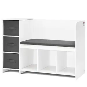 VEVOR Kids Reading Nook Bench, Toddler Bookshelf and Bookcase with Detachable Seat Cushion, 6-Cubby Storage Organizer Bench with 3 Drawers, Ideal for Playroom, Bedroom, Living Room or Entryway, White