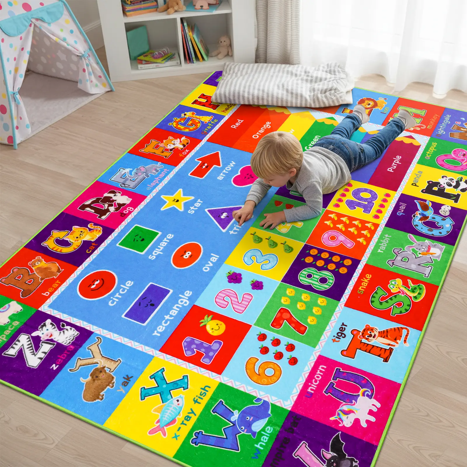 Cotton Educational Baby Play Rug - Hazard-Free, Prop 65 Safe, Non-Slip Reversible Toddler Crawling Mat with ABC Letters, Animals, Numbers, Colors, Animal Shapes, Unisex Use (Baby Playgym Accessory)
