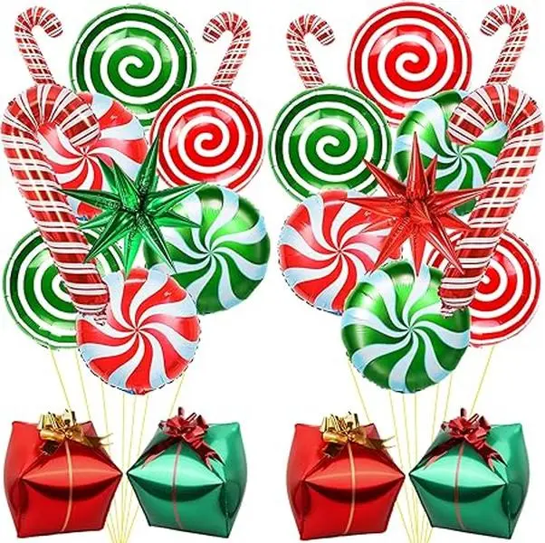 58Pcs Christmas Foil Balloons Decorations,Christmas Candy Cane Balloons Large Candy Gift Box Balloons Red Green Explosion Star Balloons Swirl Candy Mylar Balloons for Birthday Xmas Party Decorations