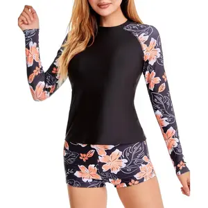 Long Sleeve Rash Guard Swimsuit for Women Two Piece Bathing Suit with Boyshorts Swimming Suits for Women