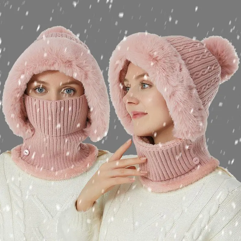Womens Knit Beanie Hat Fleece Lined Winter Scarf Mask SetCaps Plush Earmuff  Hats with Pompom