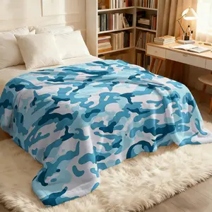 Cool Blue Camouflage Floral Flannel Blanket, Military Elements Combined with Fresh Color, Soft Thick Lightweight Car Camping Travel Throw Cover, Nordic Minimalist Office Nap Mat, Sofa Bed Decor
