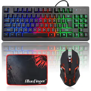 BlueFinger Keys Gaming Keyboard and Backlit Mouse Combo Wired USB Rainbow Backlit Mechanical Feel Keyboard Set for PC Laptop Gaming Typing Work Office