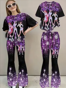 Girls' Cartoon Printed Pants Set, Fitted Long Regular Style, Trendy Sweet Cool Design, Perfect for Casual Wear