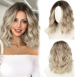 Synthetic Lace Front Ombre Highlight Blonde Wavy Bob Wig - Light Brown, Shoulder-Length, Heat Resistant, Curly, Fashionable Artificial Wig for New Hairstyles or Covering Sparse Hair/Wide Partitions