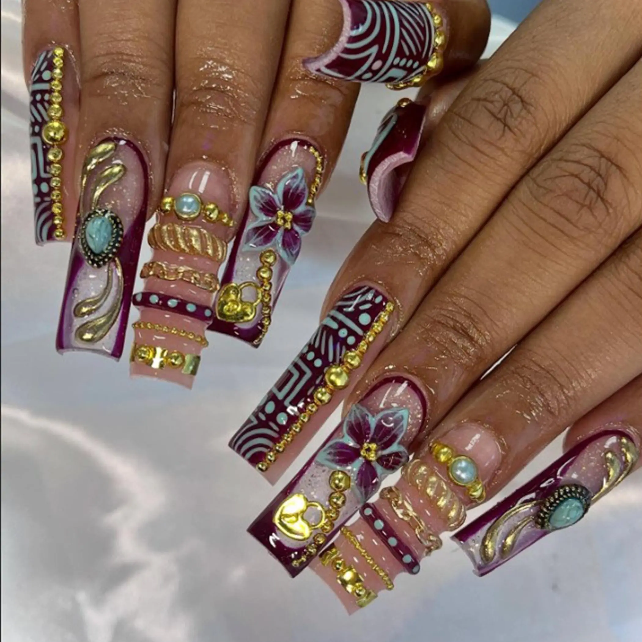 Handmade Royal Luxury Press On Nails | 3D Gold Chains, Gems, Flowers & Beads | Long Square Nails For Glam Queen Vibes