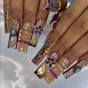 Handmade Royal Luxury Press On Nails | 3D Gold Chains, Gems, Flowers & Beads | Long Square Nails For Glam Queen Vibes