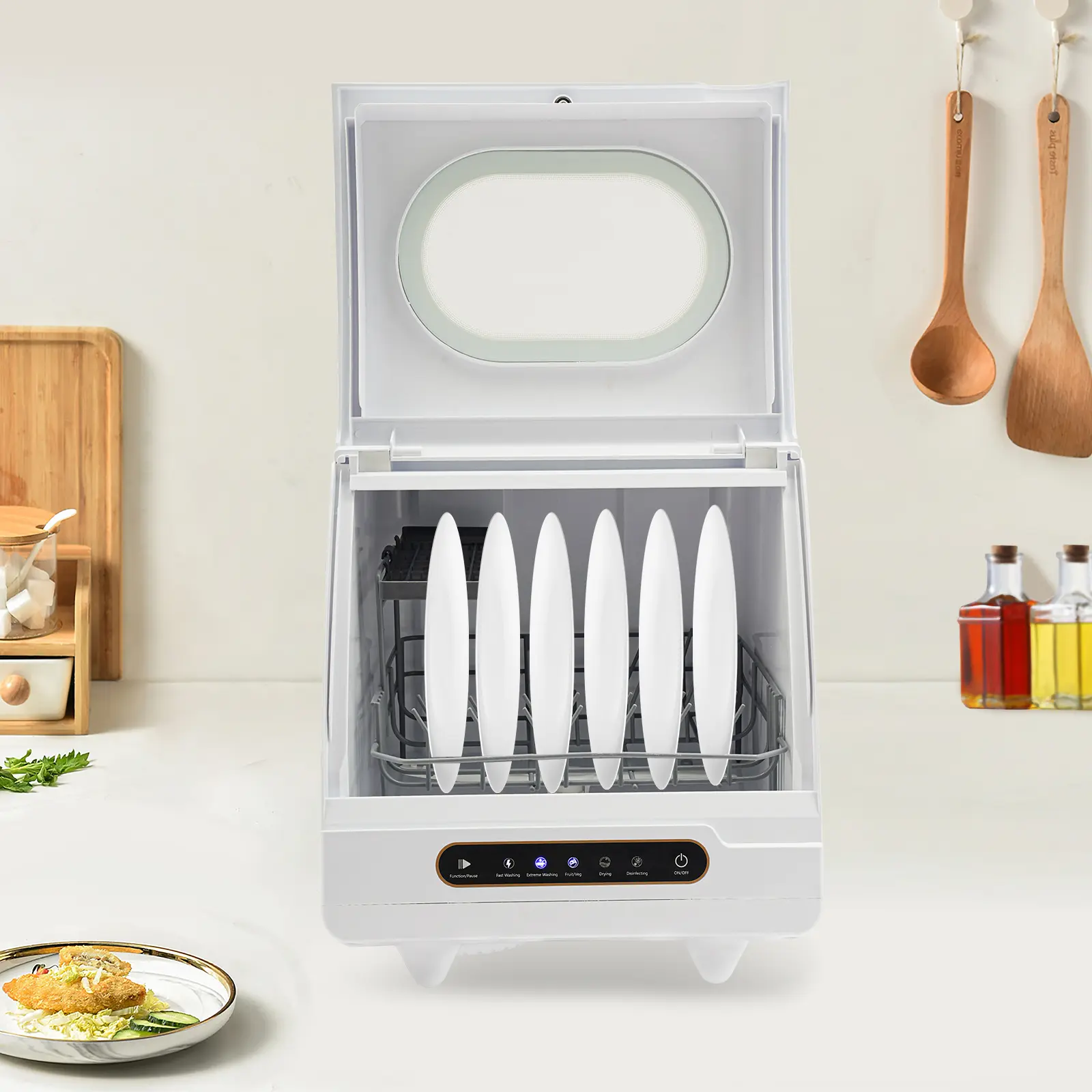 SHANGMAKEL Compact Countertop Cleaning Machine Dishwasher Appliance - 12 Spray Outlets, 161F High-Temperature Ozone Clean, 1 Inlet Pipe, 110V Modern Portable for Kitchen, Apartment
