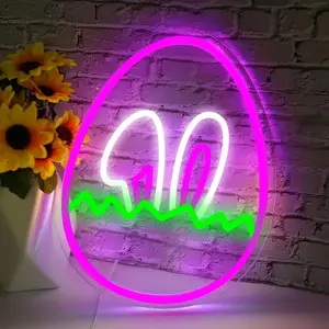 Easter Egg Shaped Neon Sign, USB Powered LED Wall Decor with Green Grass Design, Novelty Lighting for Bedroom, Window or Room