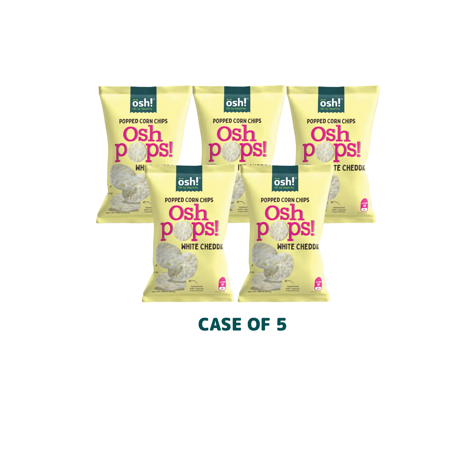 OSH! Oh So Healthy Baked Popped Corn Chips White Cheddar. The case includes 5x80g  packs! 5x White Cheddar. Never fried. Your go to Guilt free Snack.