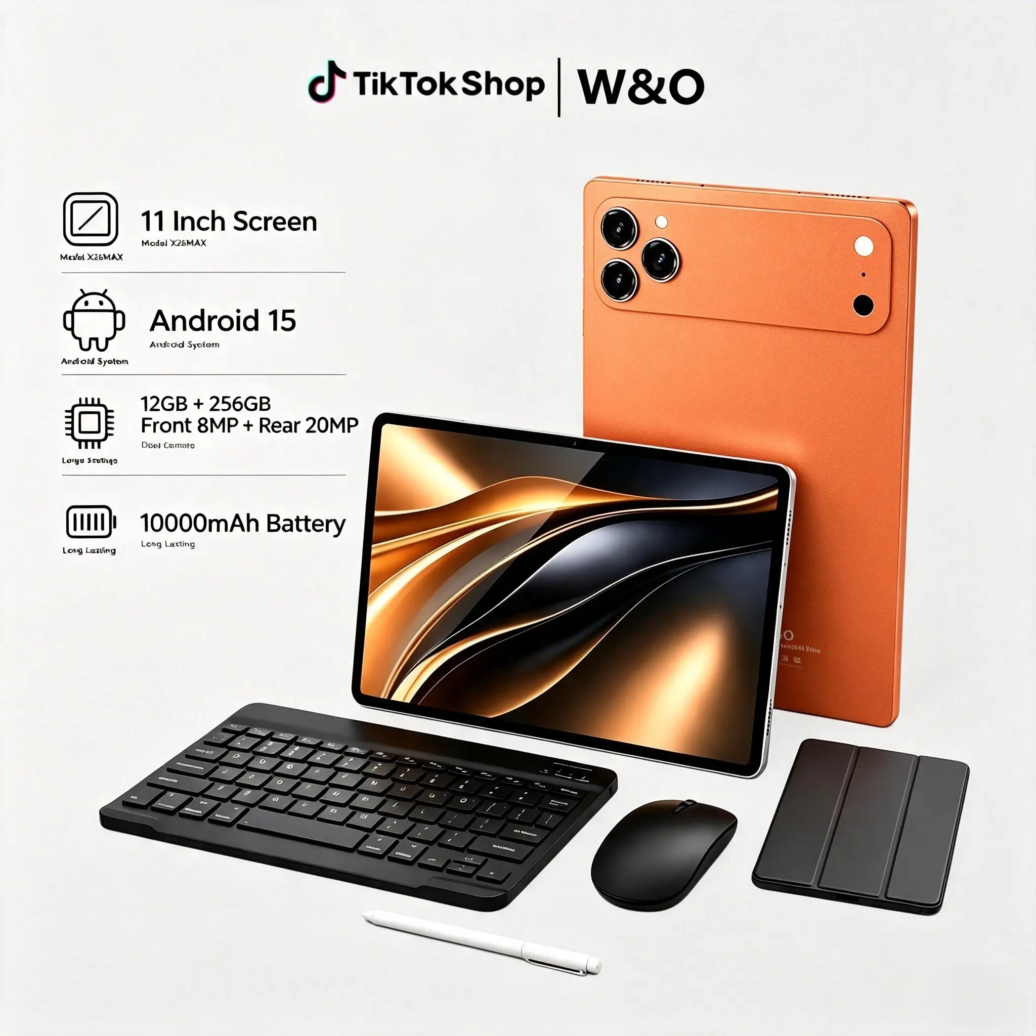 W&O Android 15 11 InchTablet, Phone-Compatible Portable Work Tablet | 12GB RAM, 256GB Expandable Storage,10000mAh Large Battery, 5G WiFi | Full Bundle: Keyboard, Mouse, Protective Case, Stylus Pen & Dual Camera Ideal Back to School & Valentine’s Day Gift