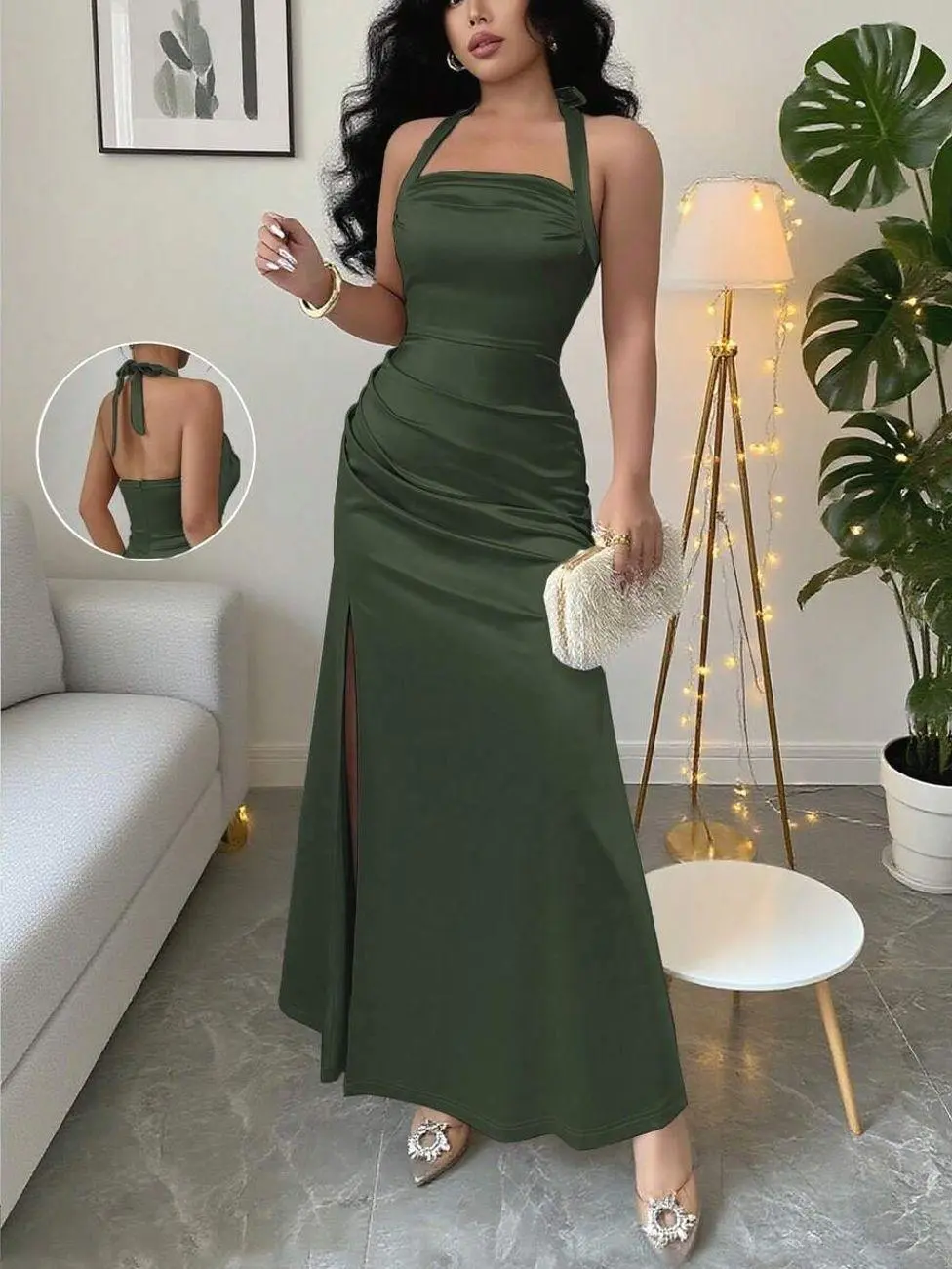Elegant Champagne Color Bodycon Cami Dress With Slit On Side, Stretchy Sateen Material Summer Dress