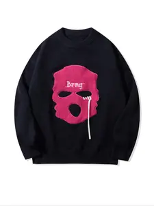 Men's Cartoon Mask Patched Drop Shoulder Sweater, Loose Casual Long Sleeve Round Neck Jumper for Spring & Fall, Fashion Men's Knitwear for Daily Wear