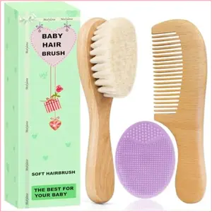 Baby Hair Brush and Comb Set for Newborns &amp; Toddlers | Wooden with Soft Goat Bristles l Wood Purple Cradle Cap Brush| Ideal (3 Piece)