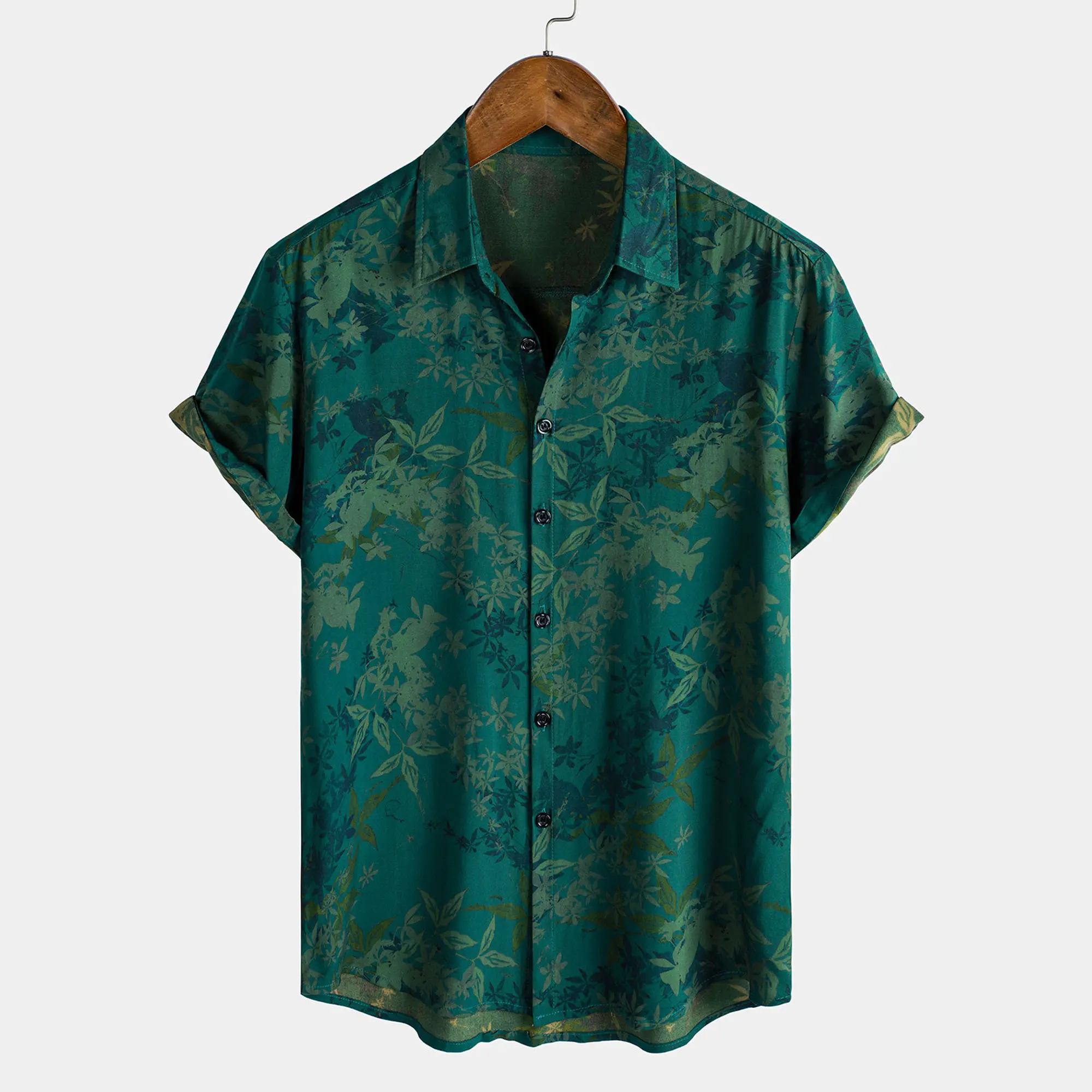 TIXMIE Men's Retro Rayon Dark Green Leaf Print Short-Sleeve Button-Down Casual Hawaiian Shirt - Tropical Summer Beach Vacation Top