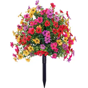 6-Color Artificial Flowers with Ground Stake for Outdoor Indoor Garden Home Decoration, Plastic Faux Flowers, Faux Flower Daisy with Eucalyptus Leaves Fake Plants Greenery Boxwood Porch Patio