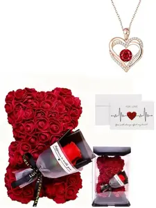 Handmade Eternal Flower Rose Bear Necklace Gift Set, Valentine's Day, Mother's Day, Graduation, Wedding Decoration, Ruby Heart Pendant