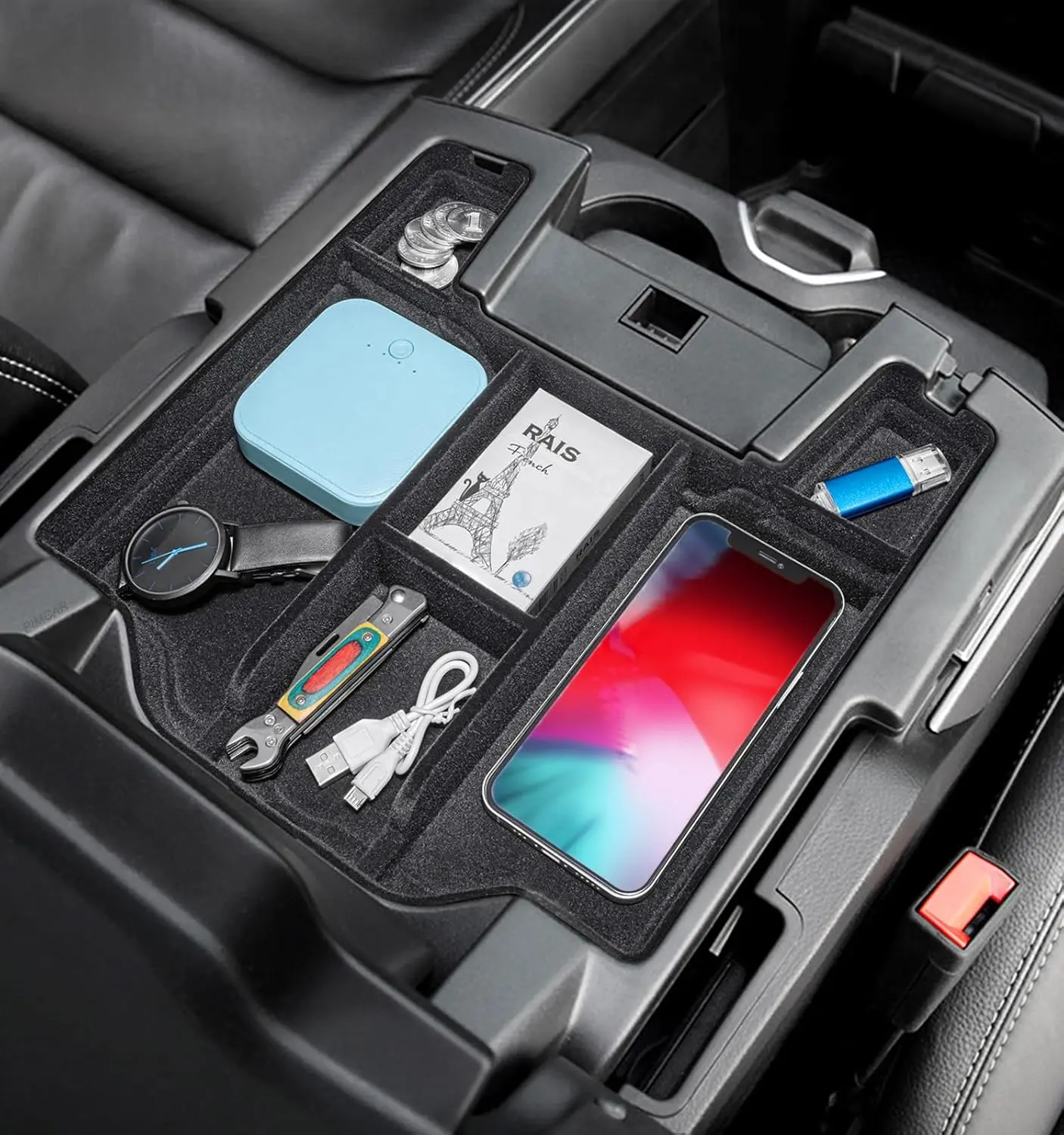 Car Console Organizer - ABS Plastic Armrest Tray with Easy-Install Flocked Liner Upgrade, Interior Storage Insert for RAM 1500 2500 3500 (2019-2026) Armrest Box Accessory