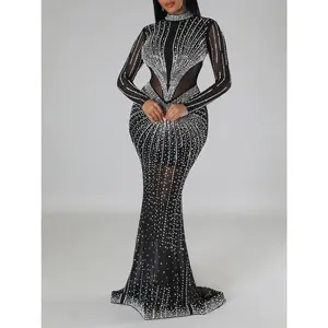 Women’s bodycon dress with rhinestone embellishments and contrasting sheer mesh, featuring an elegant long-sleeved stand-up collar—perfect for parties, clubs, dates, and all seasons. GARMENTARY
