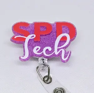 SPD Tech Sterile Processing Technician Purple Glitter Acrylic Retractable Badge ID Reel Belt or Alligator Clip for Healthcare