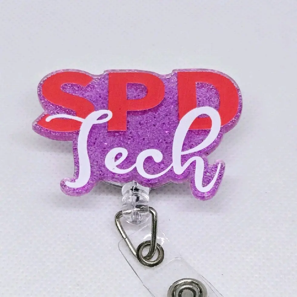 SPD Tech Sterile Processing Technician Purple Glitter Acrylic Retractable Badge ID Reel Belt or Alligator Clip for Healthcare